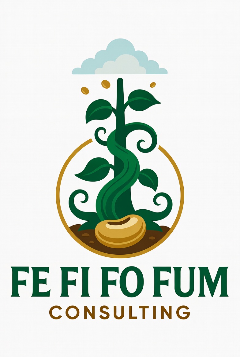 Fe Fi Fo Fum Consulting logo featuring a beanstalk