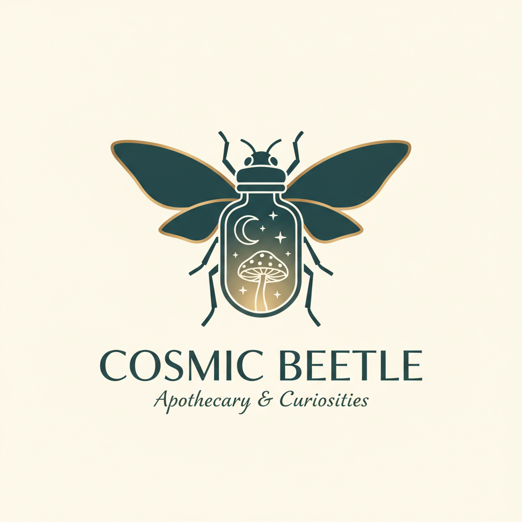 Cosmic Beetle logo featuring a beetle with apothecary bottle and celestial details