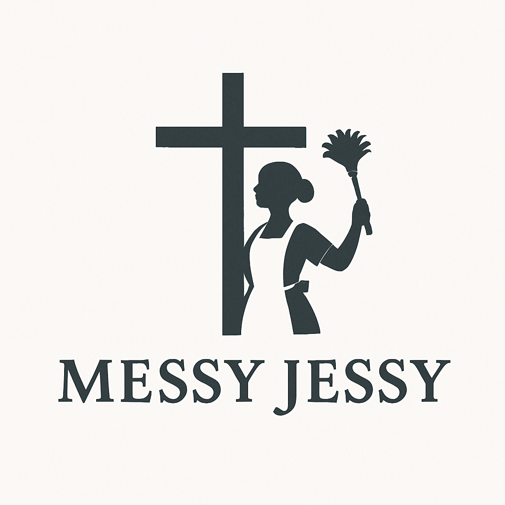 Messy Jessy maid service logo with a cross and a housekeeper holding a duster
