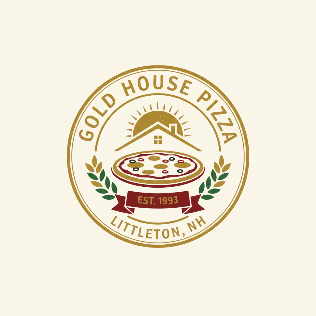 Gold House Pizza logo featuring a golden house, sun, and pizza