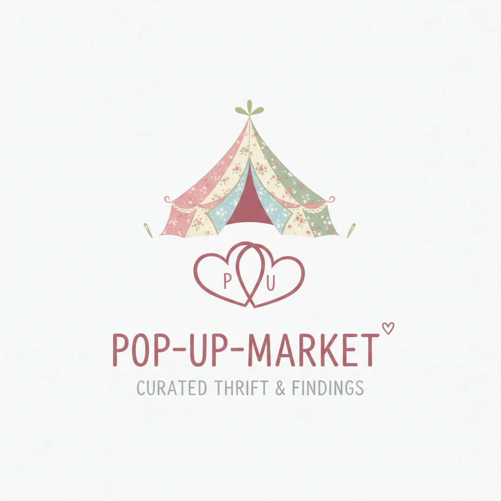 Pop-Up-Thrift logo with whimsical tent and heart motif