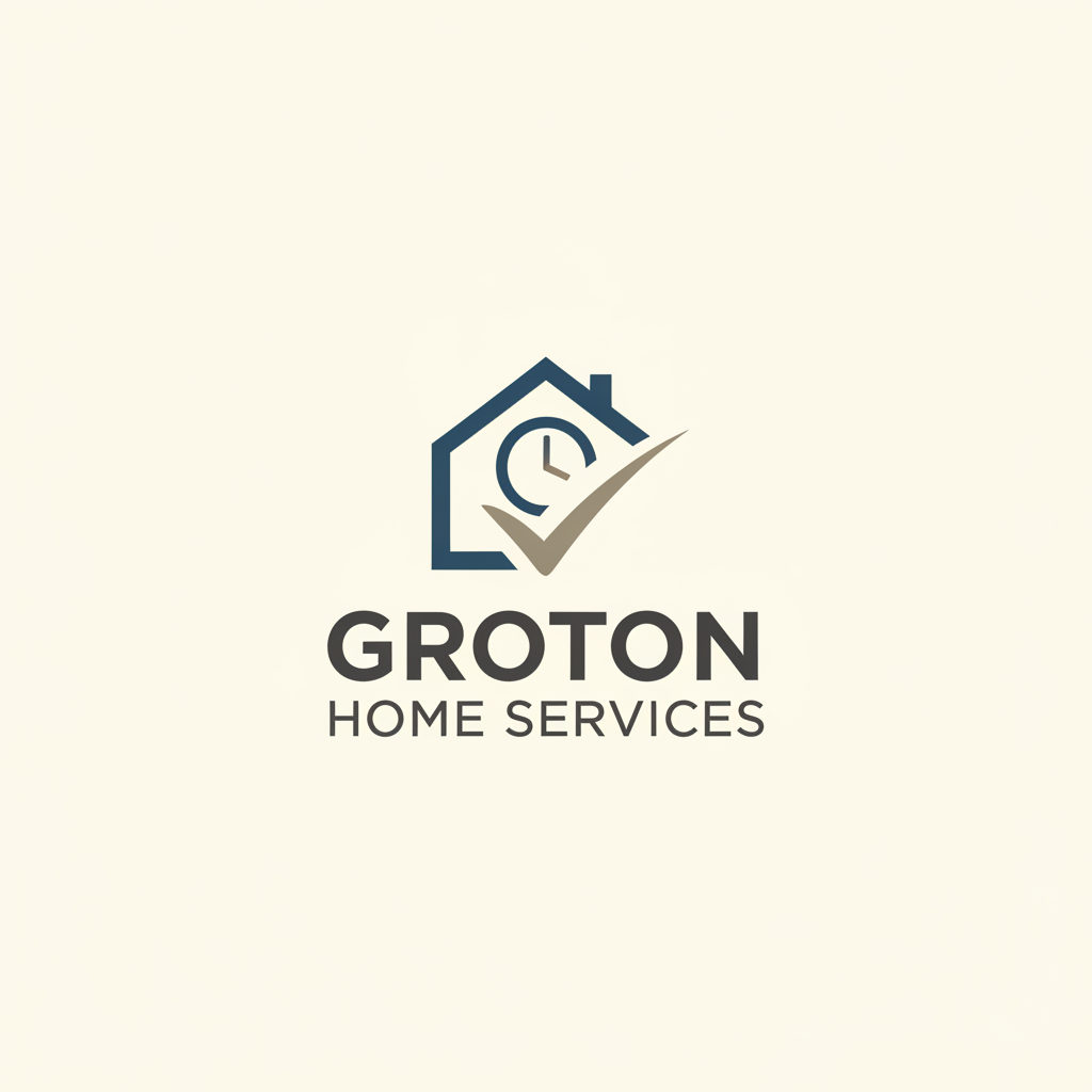 Groton Home Services logo featuring a house outline with a checkmark and clock