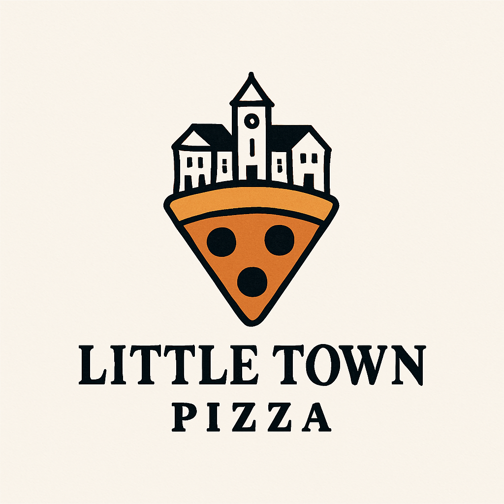 Little Town Pizza logo featuring a town above a pizza slice