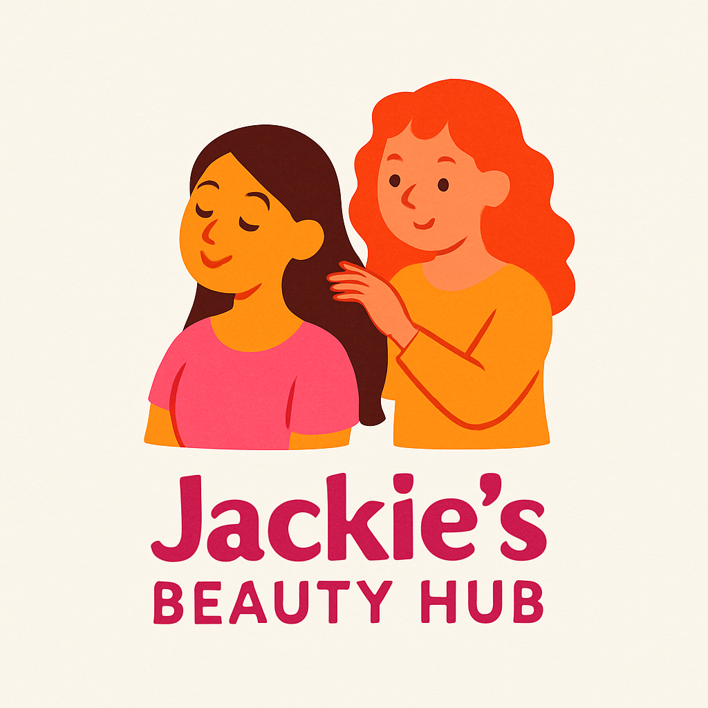 Jackie's Beauty Hub logo featuring a stylist caring for a client